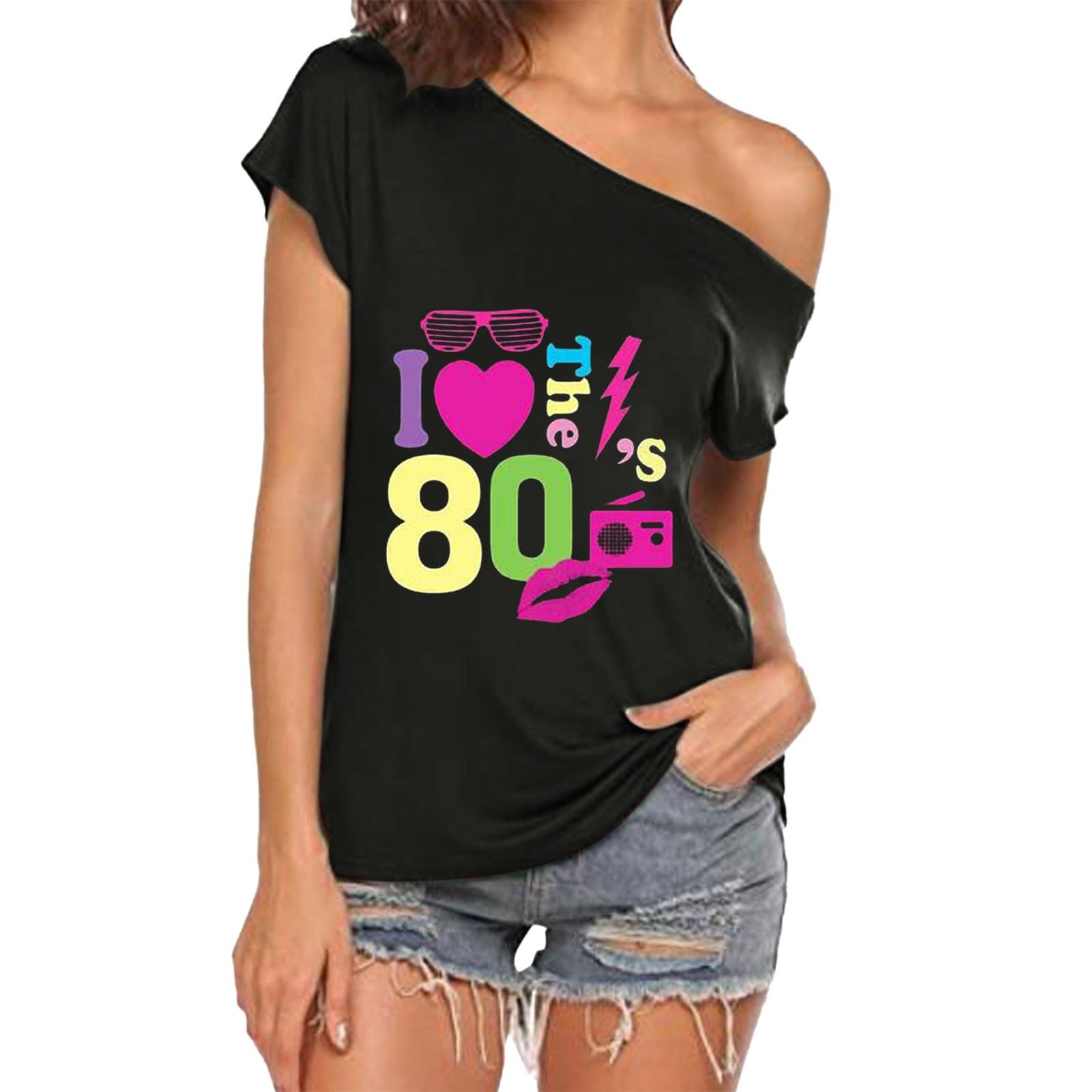 Carino Top per Donna I Love The 80s off The Shoulder T Shirt Discoteca 80s Costumi Top Magliette