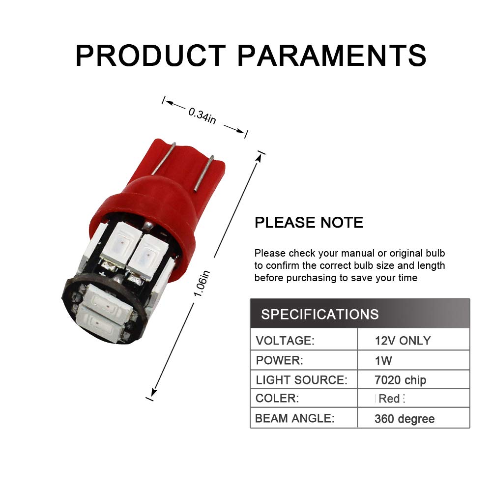 Yolu 2-Pack T10 5630 168 194 10-SMD LED Light W5W LED Bulbs Super Bright Interior Replacement Lights 168 194 2825 Wedge Bulbs License Plate Dashboard Side Marker Light Map Dome Lamp Red