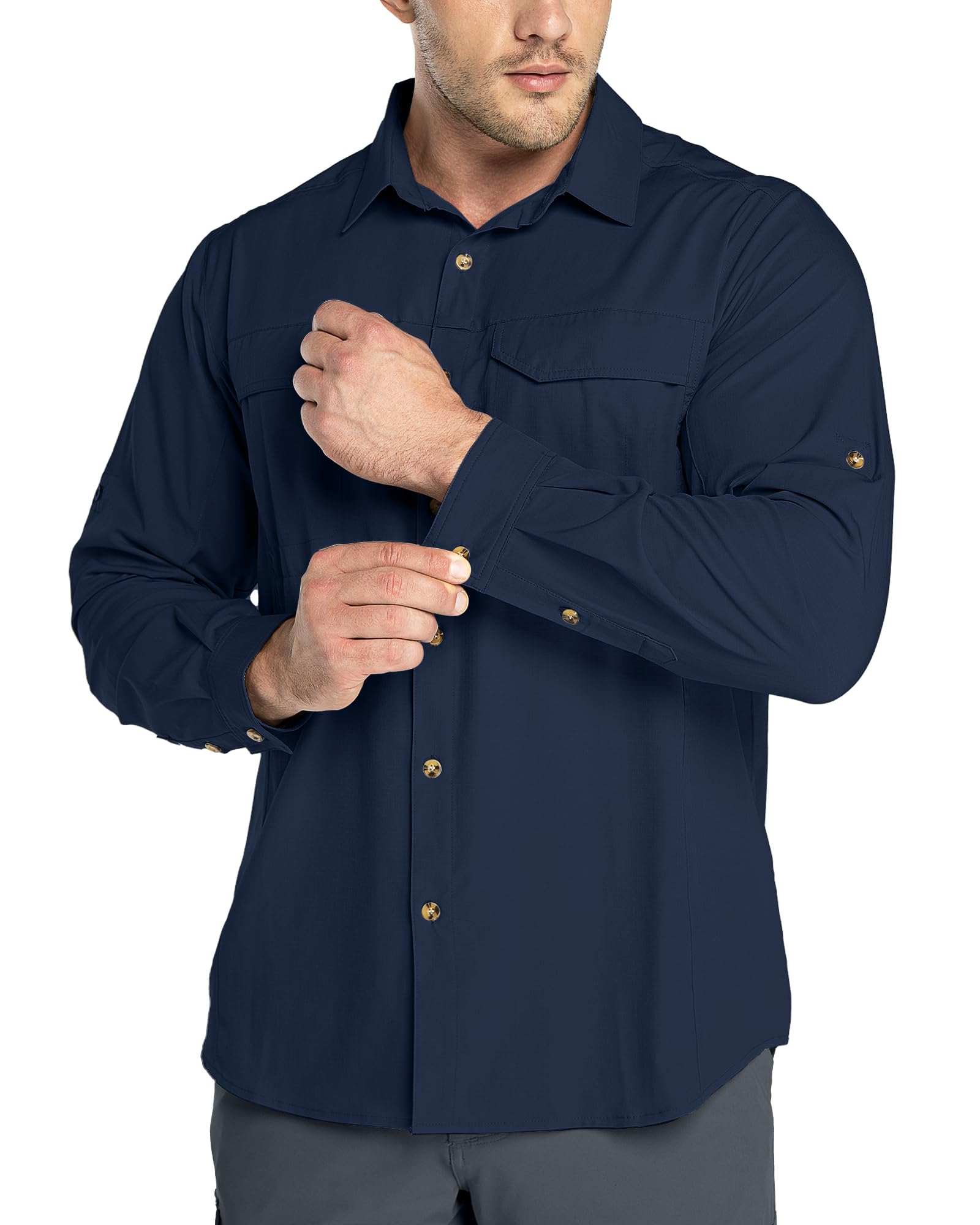Outdoor Ventures Overhemd voor heren, vrijetijdshemd met lange mouwen, outdoorshirt, ademend, sneldrogend, functioneel hemd, heren, lente, zomer, uv-bescherming, sportshirt, grijs/groen, M