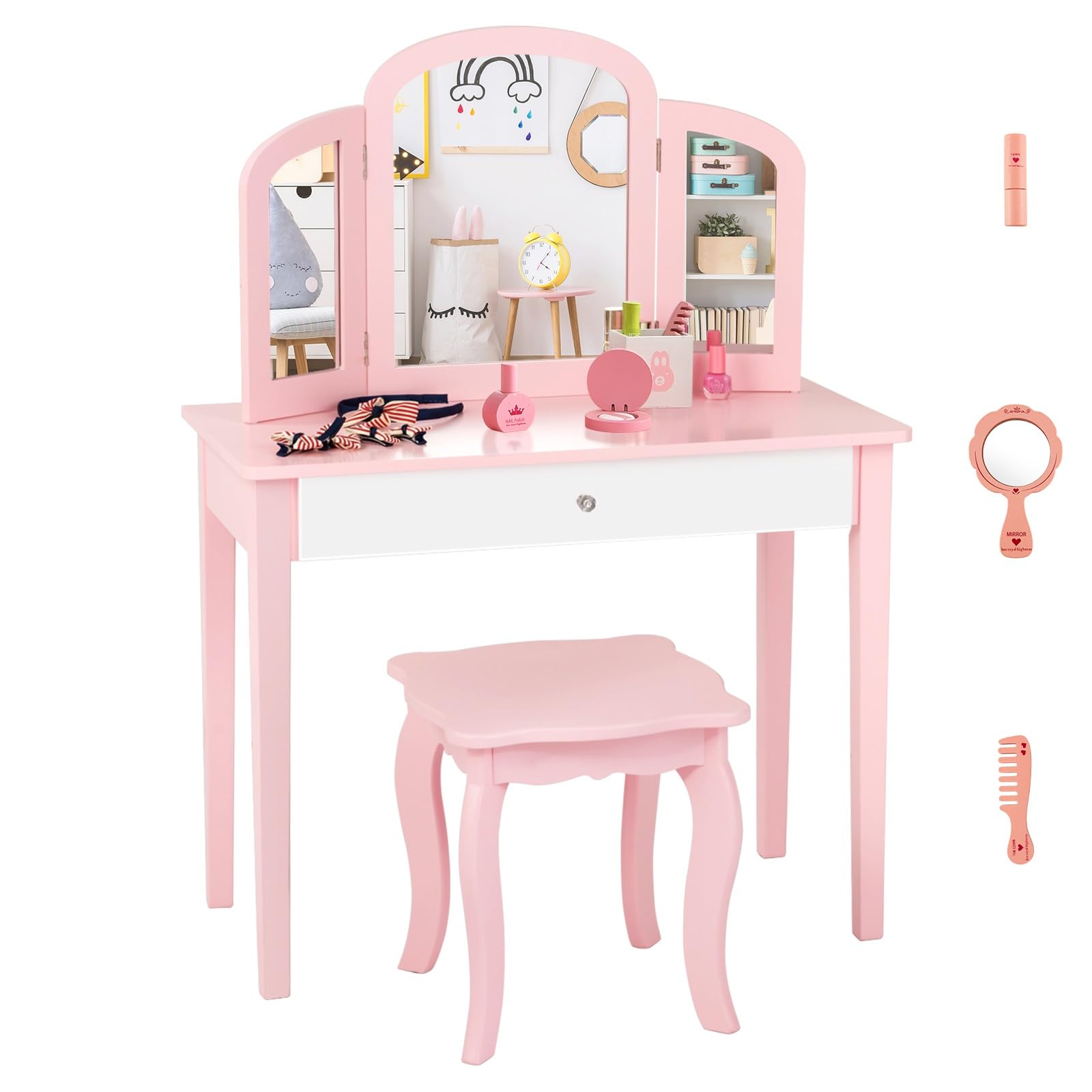 Olakids Kids Vanity Set, 2 in 1 Wooden Princess Makeup Table and Chair with Tri-Folding DetachableMirror Storage Drawer for Girls, Toddler Dressing Desk Pretend Beauty Play Set Toy Gift (Pink)