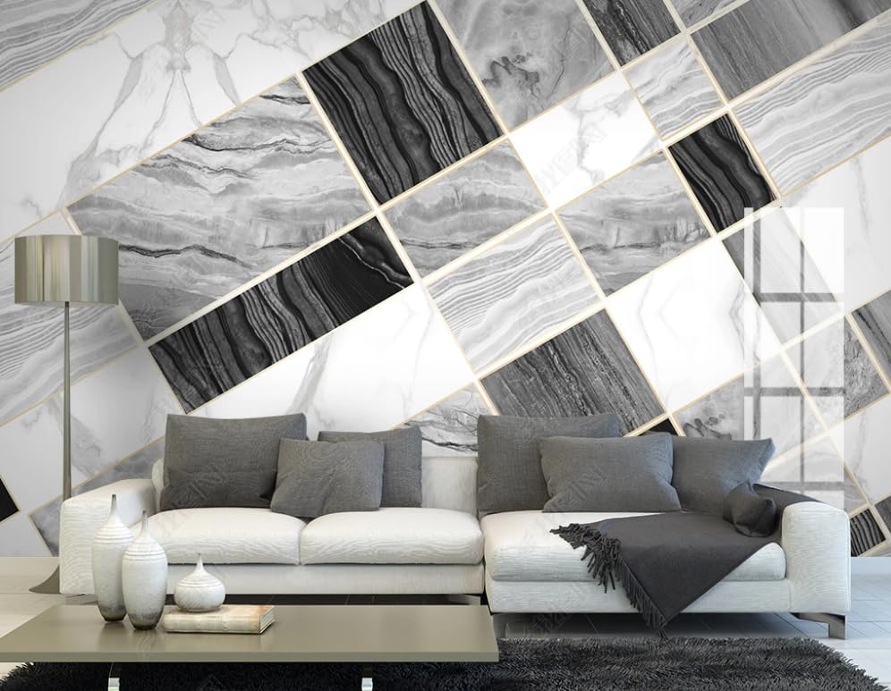 Papier peint intissé 3D effet marbre noir et blanc tapisserie murale géométrique 350x256