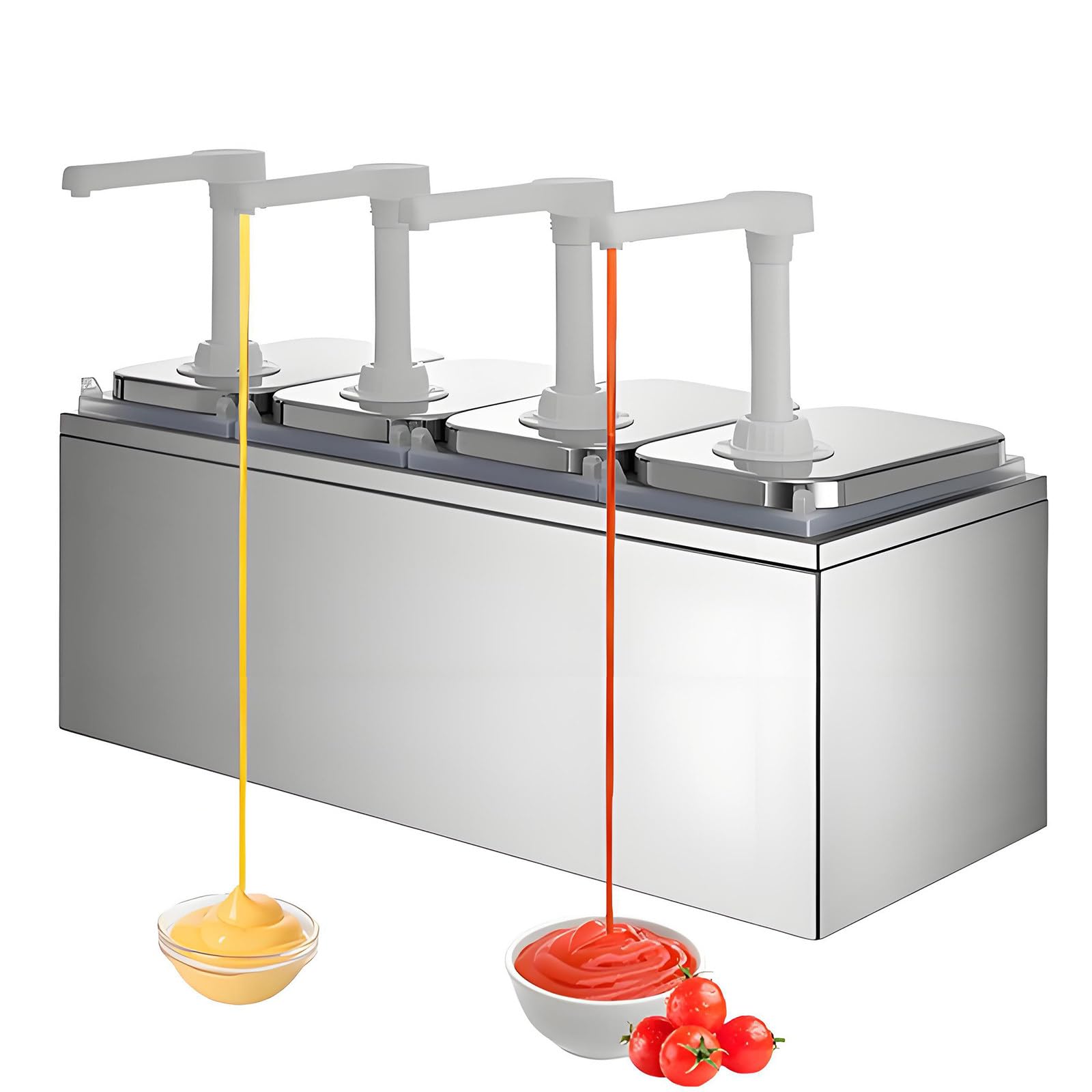 Stazione di Pompaggio per Condimenti in Acciaio Inossidabile,Catering Dispenser per Salse da 2l,Barattolo Rimovibile,per Insalata,Salsa di Soia E Maionese,Olio D'oliva 5 Pompe 4Pumps2L