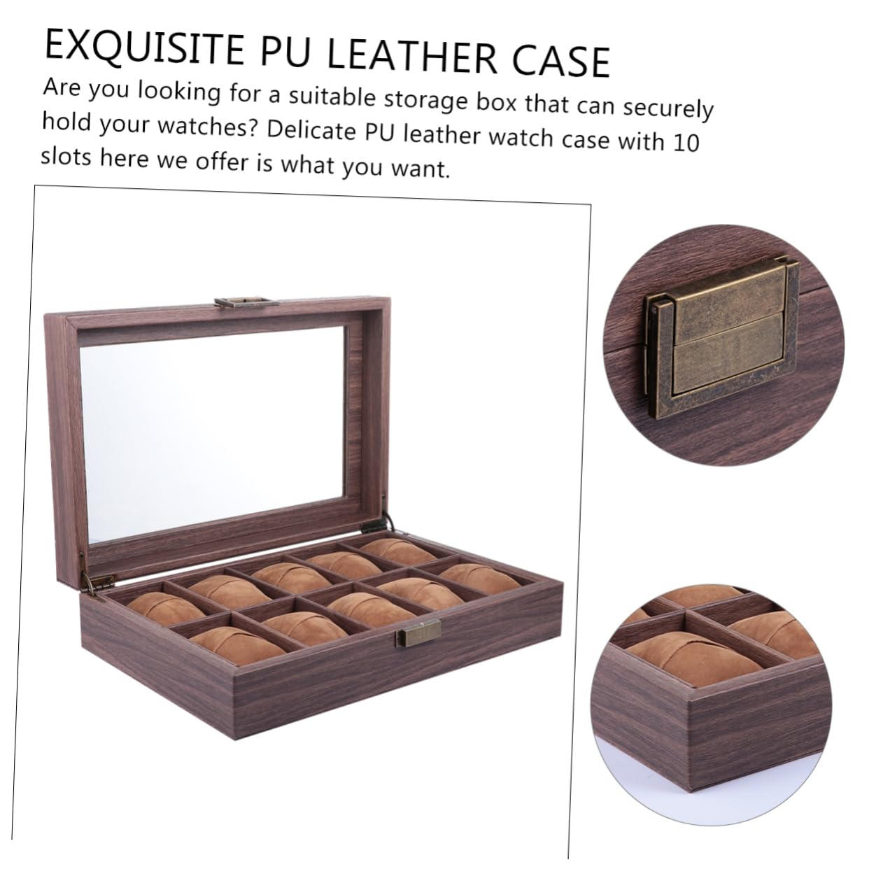 Caja De Relojes Cuero Sintético Veta De Madera Ranuras Expositor Cerrado