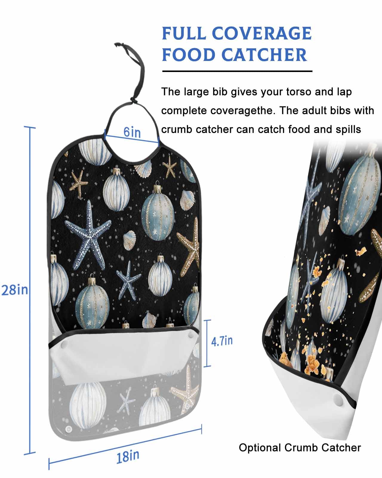 Christmas Ocean Adult Bib for Adults Men, Women, Coastal Golden Blue Starfish Snowflakes Washable & Adjustable Terry Cloth Bib with Crumb Catcher Reusable Waterproof Clothing Clothes Protector Apron