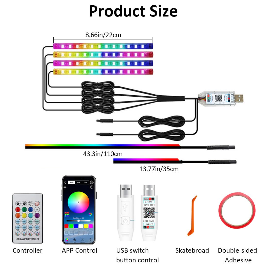 Striscia LED interna per auto con controllo tramite app,Kit di illuminazione ambientale al neon RGB 6 in 1,Striscia LED sotto il cruscotto e nel vano piedi con sincronizzazione musicale
