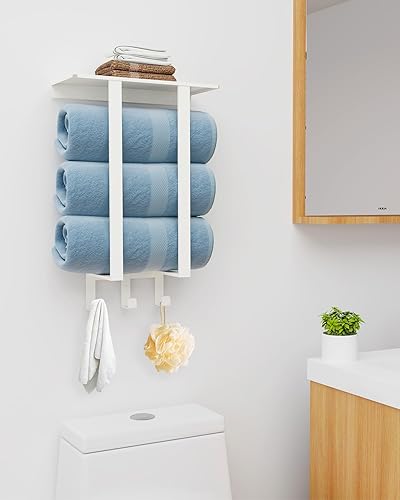 Miniatura 2 de Toalleros para baño en color blanco, toallero de baño con estante y 3 ganchos montado en la pared, estante de almacenamiento de toallas para baño