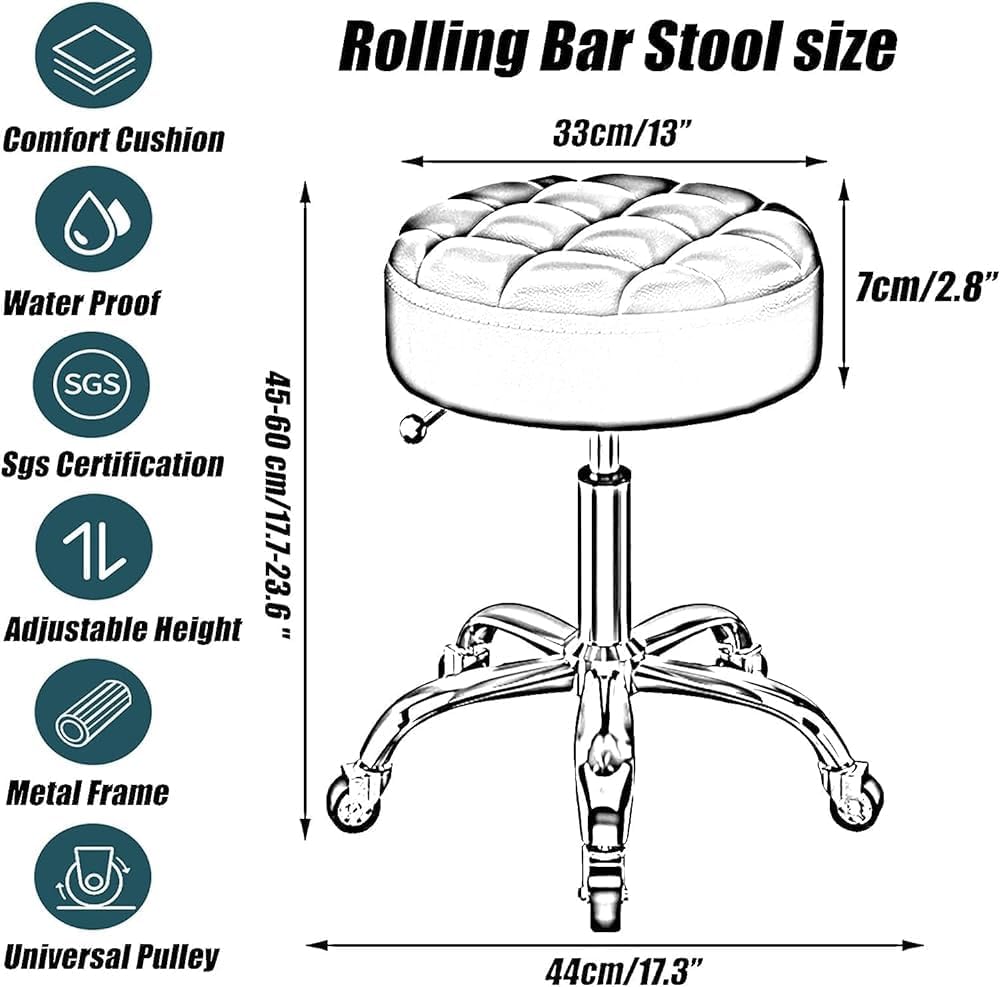 Metal Titanium Gold Rolling Bar Stool Counter Work Stool Adjustable Round Swivel Chair with 5 Claws Wheels- for Beauty Salon-A