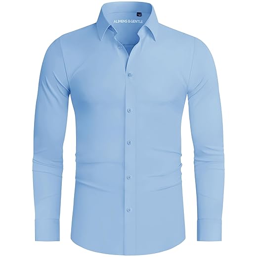 Alimens & Gentle Camisas masculinas elásticas de 16 vias, caimento justo, manga comprida, abotoadas, sem rugas, camisetas viajantes