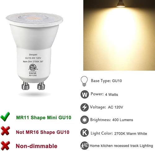 Miniatura 4 de Beispiel Mini bombillas LED GU10 de 2700 K blanco cálido suave, base MR11 GU10 equivalente a halógeno de 25 W, AC120V 4W no regulable, focos LED de