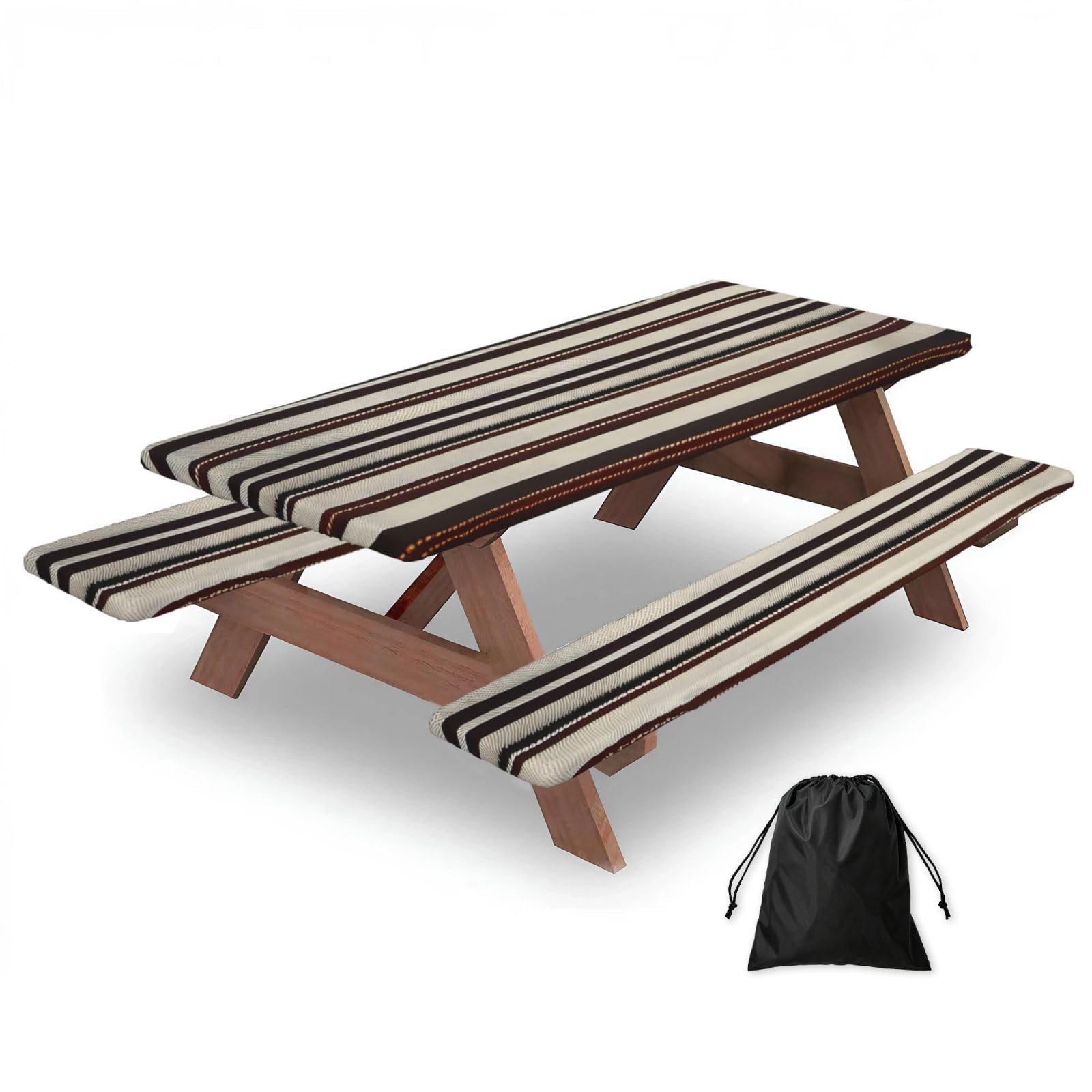 AYYQWE Brown Stripe Print Picnic Table Bench Cover Outdoor Garden Party Decor Daily Accessory Gift