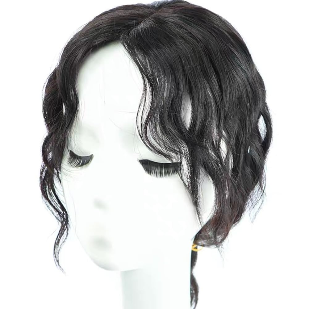 Handmade Seamless short curly hair Human Hair Topper Hairpiece Top Piece Wiglets needle hairpiece for women thin hair and loss (natural color,5 * 8-18cm)