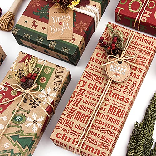 Christmas Wrapping Paper, 19Pcs Birthday Wrapping Paper Sheets Recyclable Gift Wrap with 10 Gift Tags, 2 Rope, 1 Double-Side Tap, Brown Xmas Wrapping Paper for Wedding Party Girls Boys(50 X 70cm) - Image 5