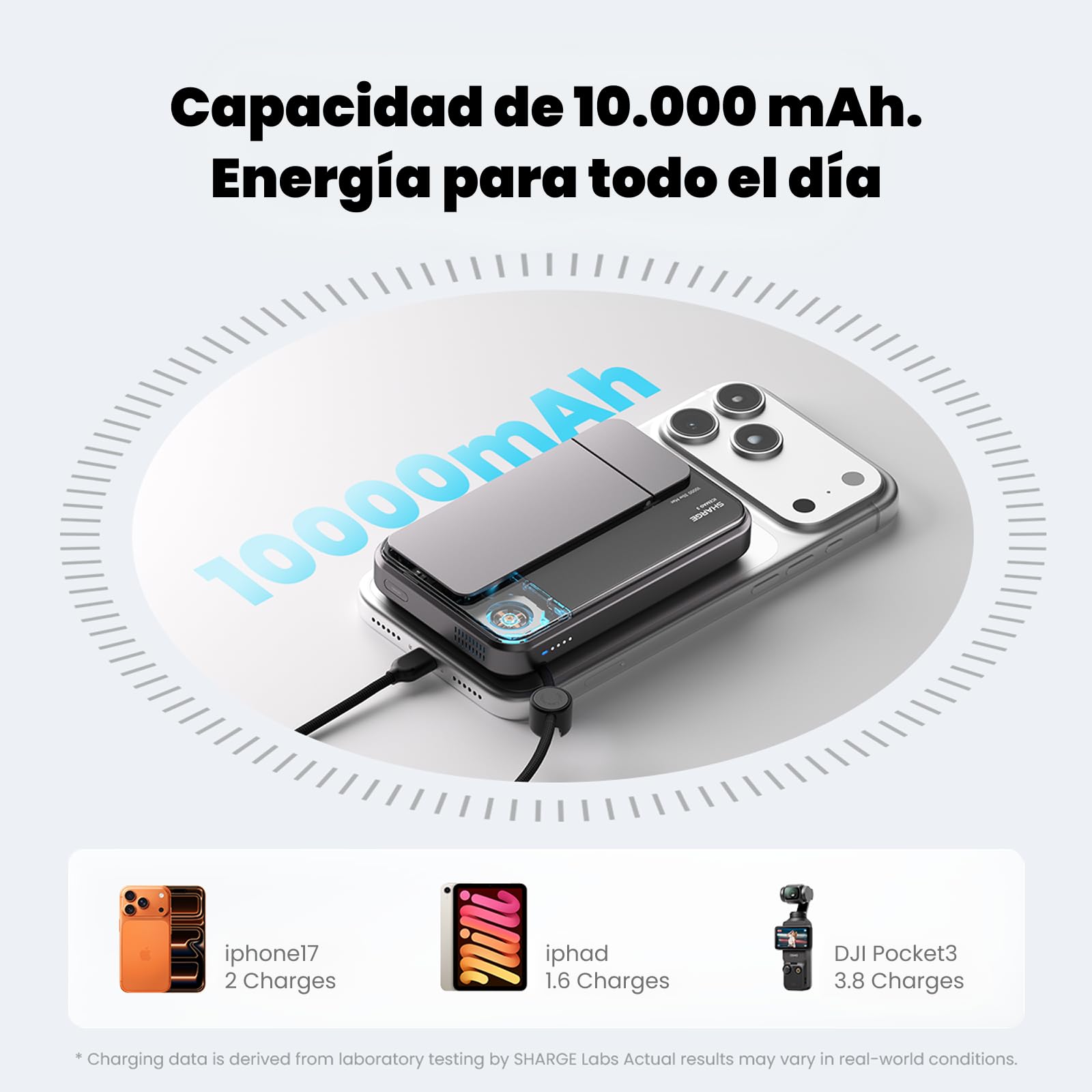 sharge ICEMAG 3 Power Bank Inalámbrico Magnético 10000mAh, Qi2.2 25W Cargador Portátil 10000mAh con Active Cooling 3.0, Carga Rápida USB-C 35W, Transparente RGB (WH-EU)