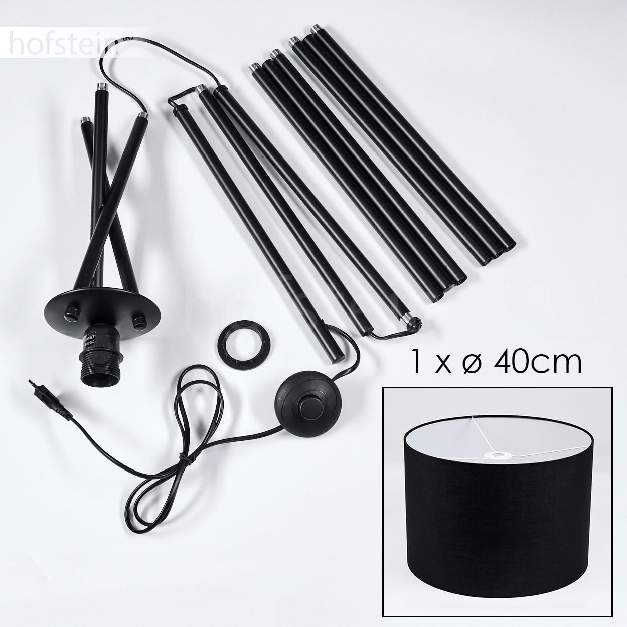 Stehleuchte Bassagoda, Stehlampe aus Metall/Stoff in Schwarz/Weiß, Leuchte im modernen Design mit rundem Schirm (Ø 40 cm) u. Fußschalter, Höhe 156 cm, 1 x E27, ohne Leuchtmittel