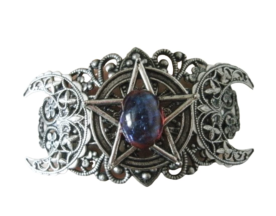 SheekydoodleCreations Dragons Breath Fire Opal Triple Moon Pentacle Cuff Bracelet, handmade jewelry wiccan pagan wicca goddess witch witchcraft pentagram