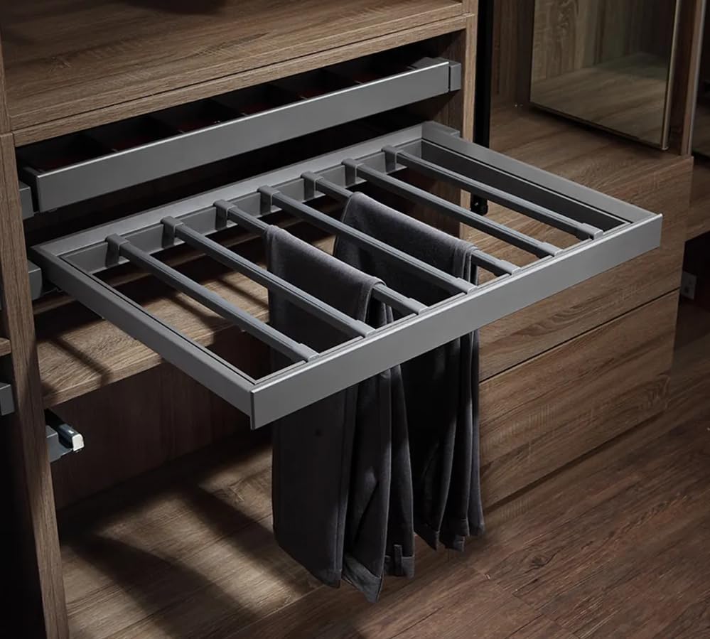 Image of DBR Wardrobe Pull Out Trouser Pants /Sharee Rack with Soft Close 900mm Aluminum Alloy Material Color: Gray, 1 Count