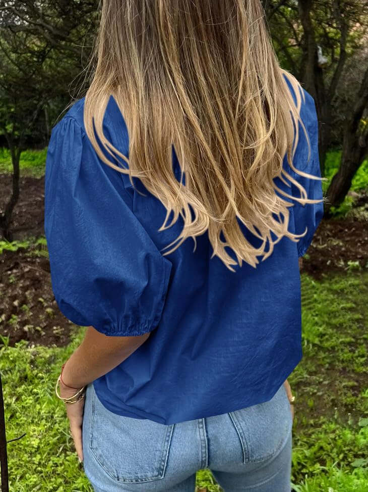 Image of Tankaneo Women's Button Down Shirts Short Puff Sleeve Collared Dressy Casual Blouse Tops