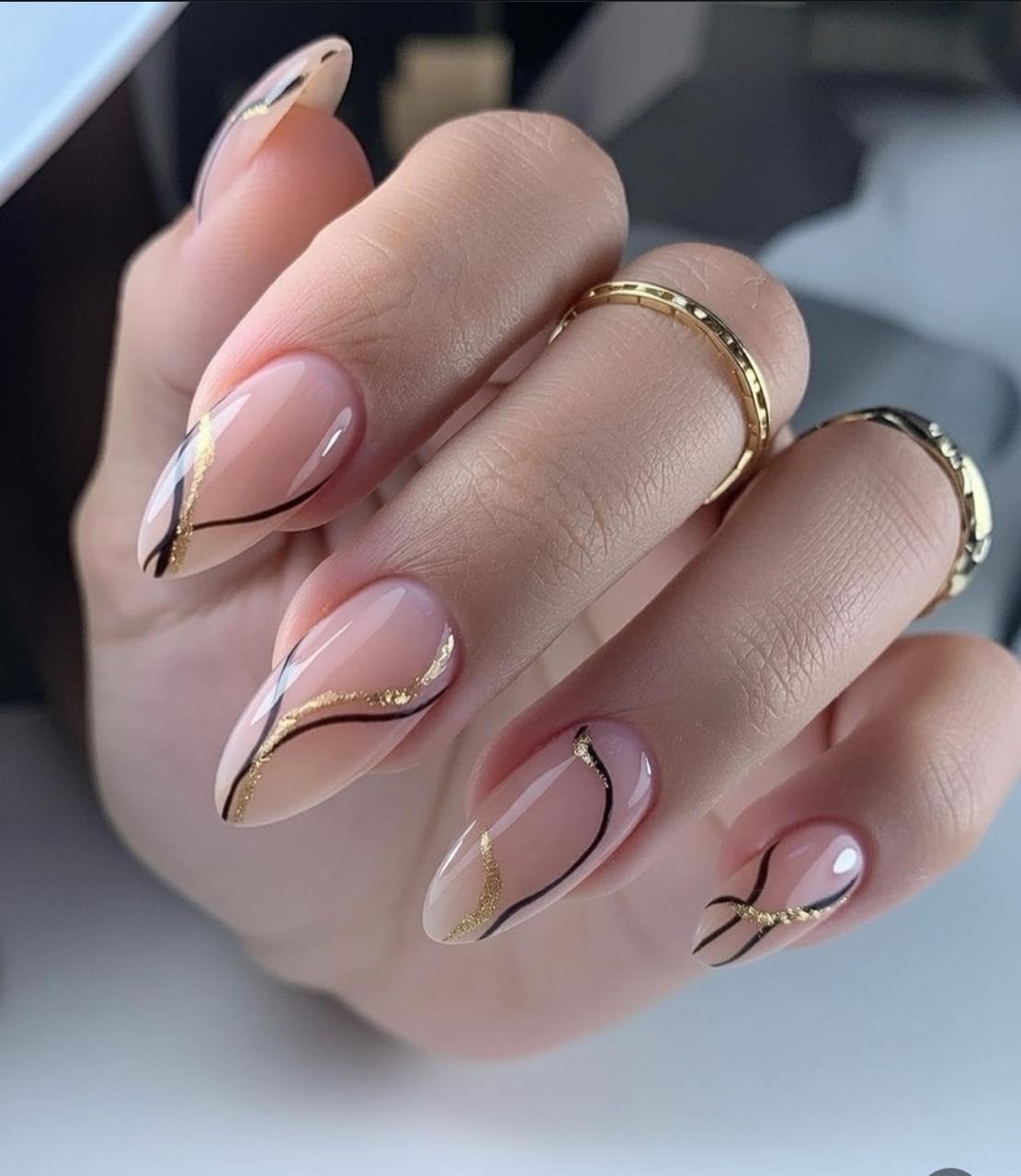 HAPPY FINGERS Artificial Bridal Nails - Handmade Press-on With Black And Golden Lines Pack of 12 Medium Almond Shape | Reusable, Pre-Designed | Perfect Decorative Fake Nails for Women & Girls | Press-On Nail Tips |(Glitter Touch)-image-21
