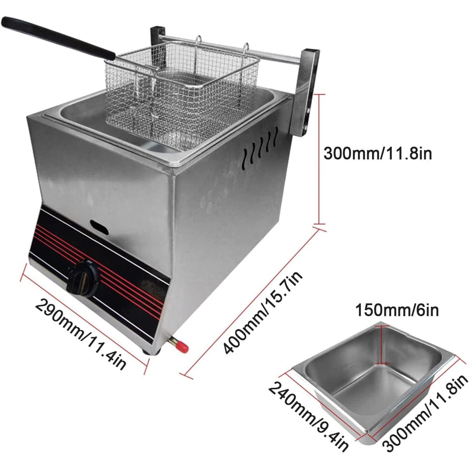Freidora de gas comercial, freidora de gas profesional, acero inoxidable, freidora doble de gran capacidad de 6 litros, con cestas extraíbles, para restaurante, hogar, cocina comercial