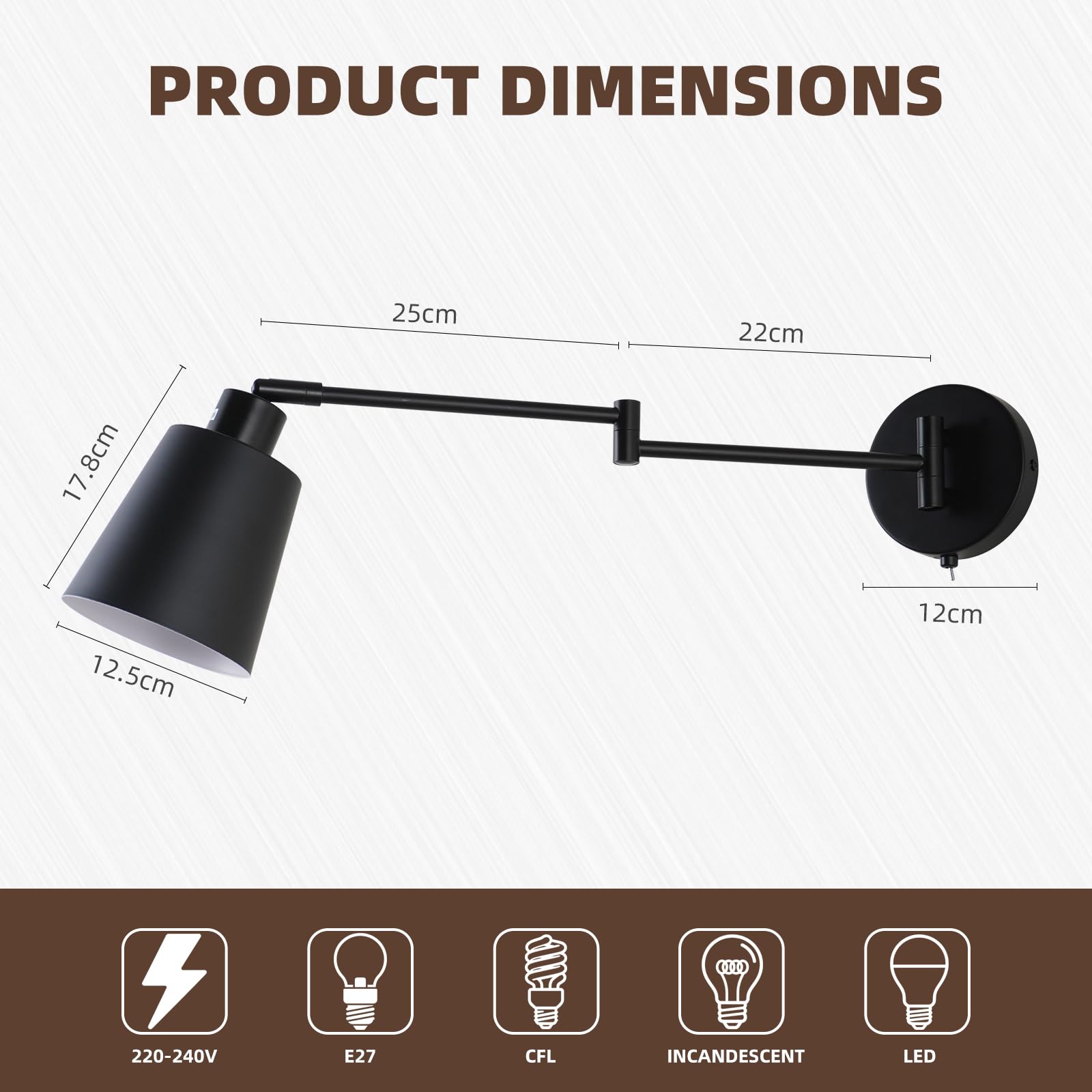 Lampada da parete con braccio orientabile e interruttore Lampada da parete nera Lampadario da parete Lampada da lettura Wall Scone per camera da letto, comodino, soggiorno (lampadina inclusa)