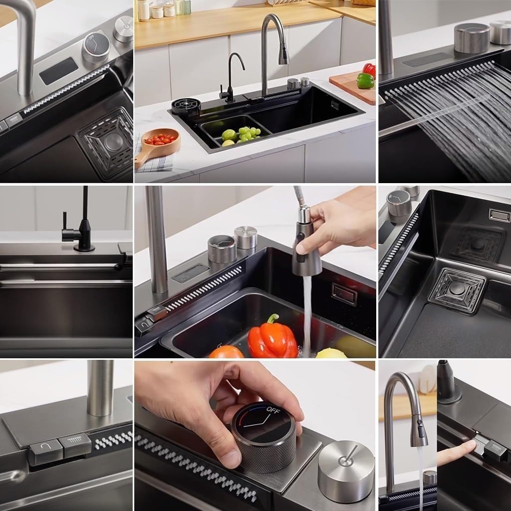 Generic Steel Kitchen Sink Waterfall Sink with Digital Display Pull-Down Faucet Multifunctional Bar Prep Sink with Cplete Accessory Set (Color : Black, Size : 80x45x22cm)