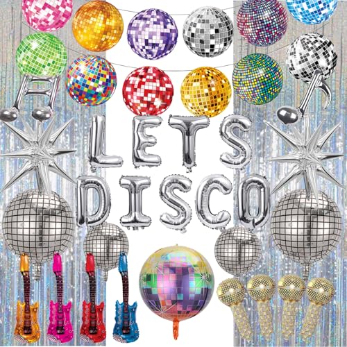 PAUBLLON Disco Party Decorations Dancing Party-Disco Ball Decorations Including Lets Disco Letter Balloon Inflatable Rock Star Guitar Props for 70s 80s 90s theme Party Hip Hop & Retro Rock Decoration