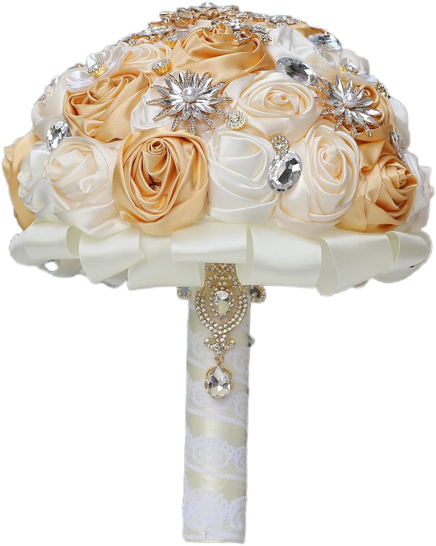 Handmade Wedding Bouquets for Bride Bridesmaid Brooch Artificial Holding Flower Tossing Bouquet(Khaki/Ivory/Apricot, 16cm, 1PC)