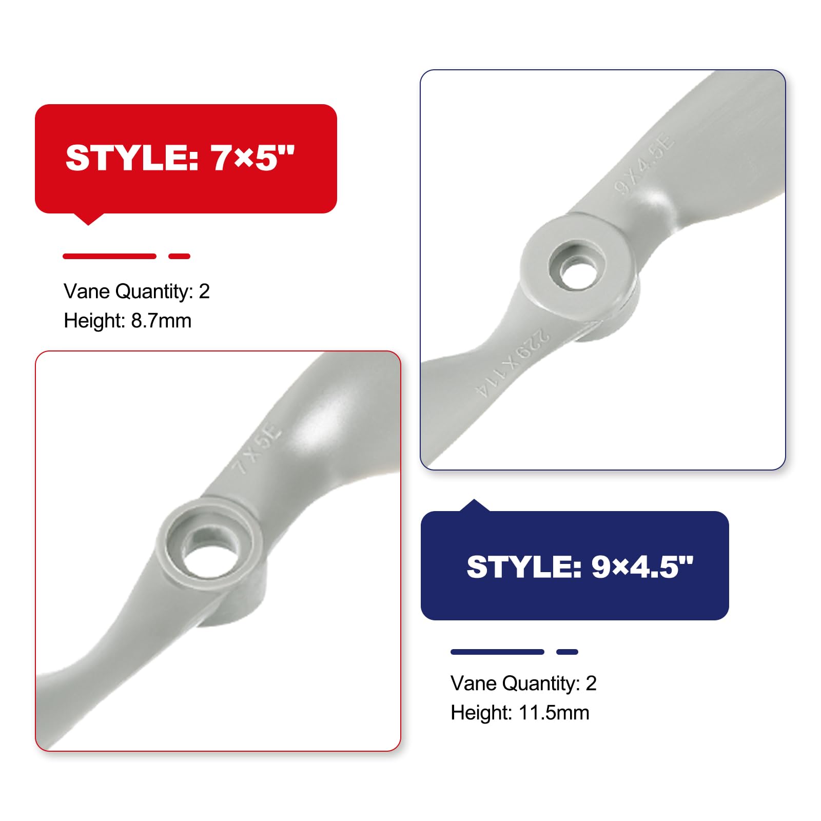 QUARKZMAN – Lot De 5 Hélices RC 9x4,5 Pouces – 2 Pales Grises – Bagues D’adaptation Incluses – Pour Avion électrique à Ailes Fixes