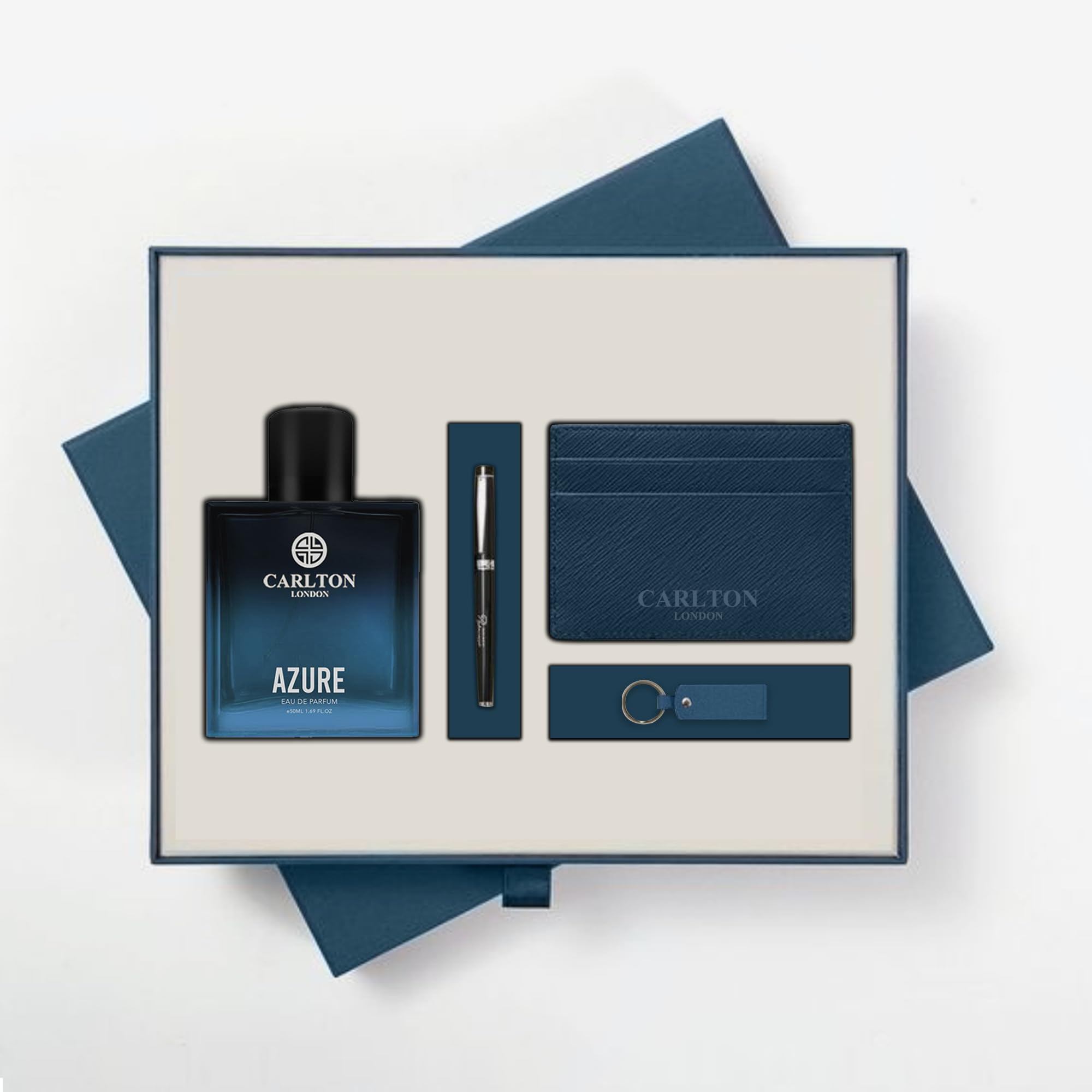 Carlton London Men's Azure Perfume Gift Set 50ml Perfume Key Chain Card Holder Pen Blue-image-25
