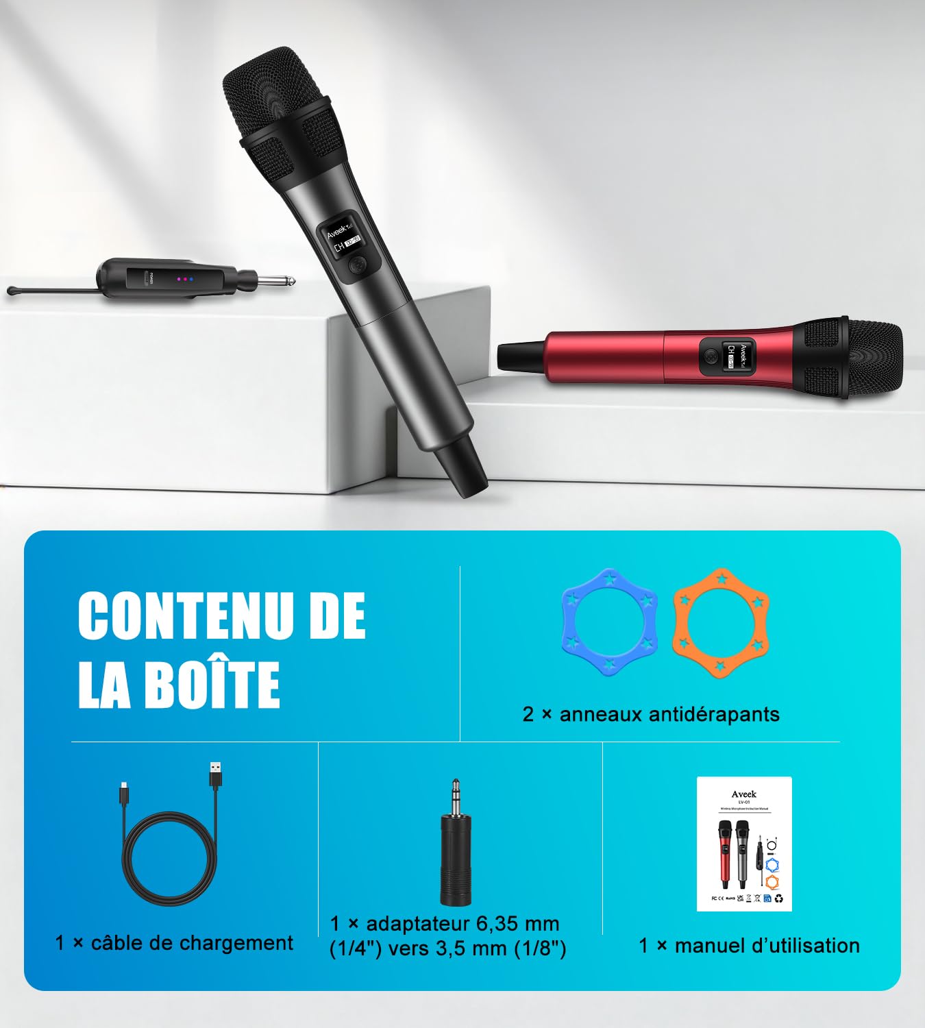 Aveek Set de 2 Micros Sans Fil – Portée 80m, Autonomie 40h, Rouge & Noir
