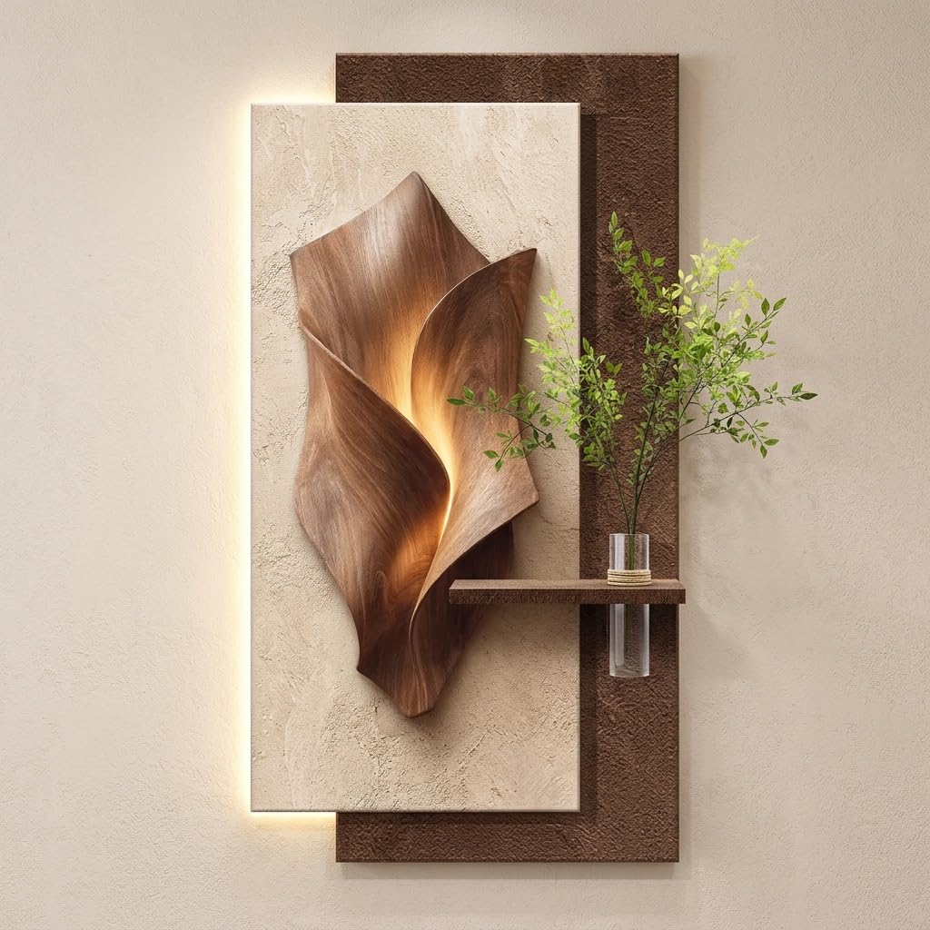 Arte de Pared 3D con Luz LED y Jarrón: Escultura de Arenisca Decorativa | Textura 3D hecha a mano, iluminación LED ambiental cálida, jarrón integrado versátil(A,39.4IN*19.7IN_ORDINARY STYLE)