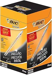 BIC, Caneta Esferográfica Escrita Fina, Cristal Fina, Preta, 50 Unidades