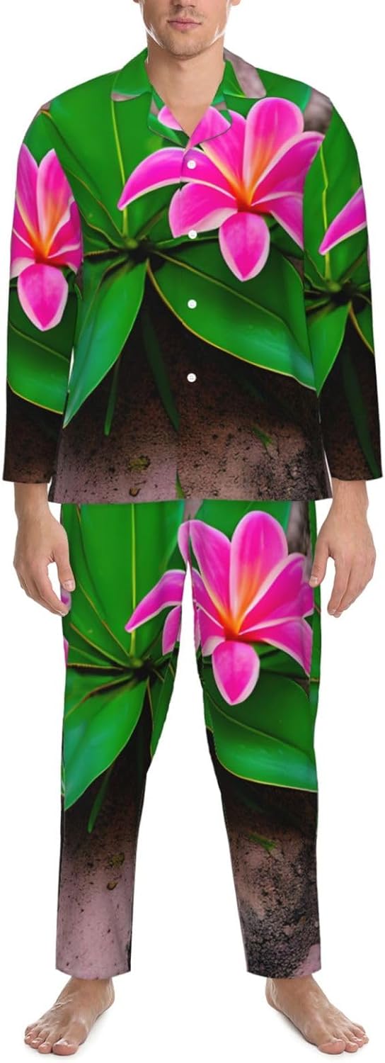 Pink Flower Tropical Plant Print Luxurious Mens Pajamas Set,Breathable Pajamas Set,Perfect For Lounging Bed,Sofa