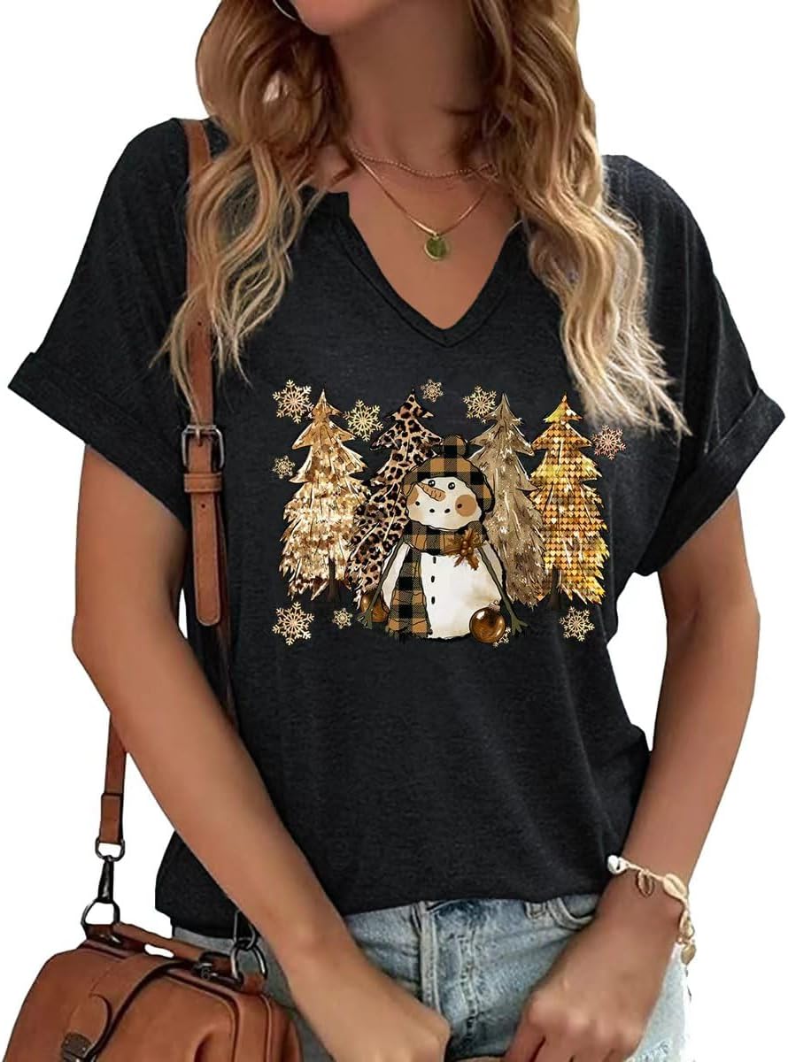 Womens Christmas T-Shirts Short Sleeve V Neck Christmas Tree T-Shirts Christmas Lights Graphic Tee Tops