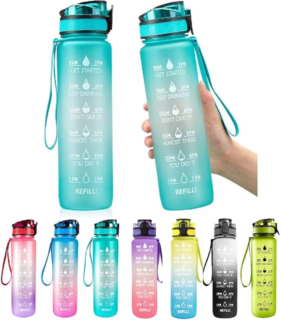 KingSmonk Motivational Sports Water Bottle - 32oz BPA Free Tritan Drink Bottle with Filter & Time Marker Helps You Hydrate - Fast Flow, Flip Top Leak Proof Lid with One Click Open GradualGreen