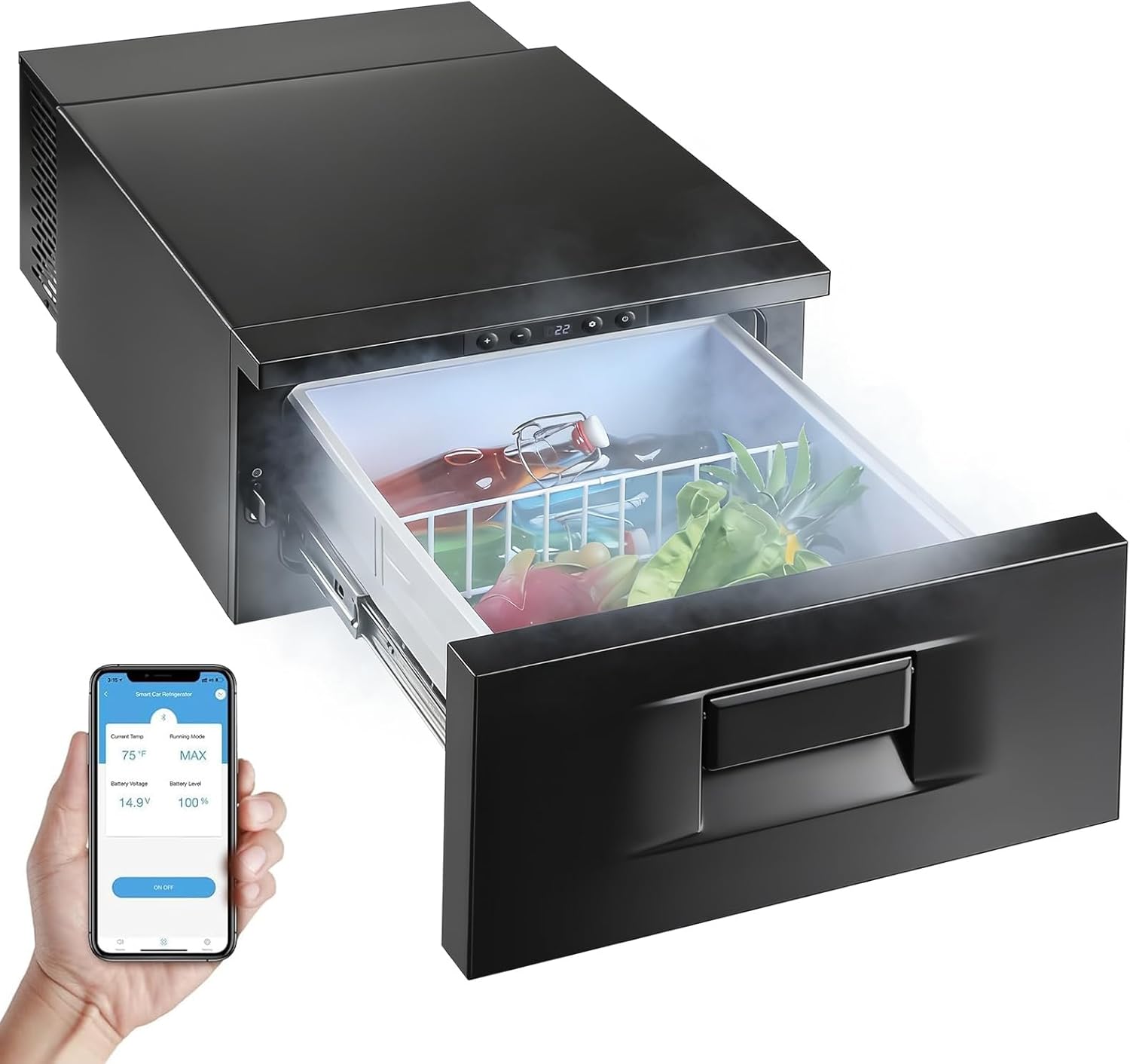 33QT Drawer Refrigerator, 12V/24V Low Power Consumption 60W RV Fridge, APP Control Portable Freezer (-4°F~68°F) with Vibration Proof,45dB Quiet Car Fridge for Truck,SUV,Camper Van,Off-Road & Outdoor