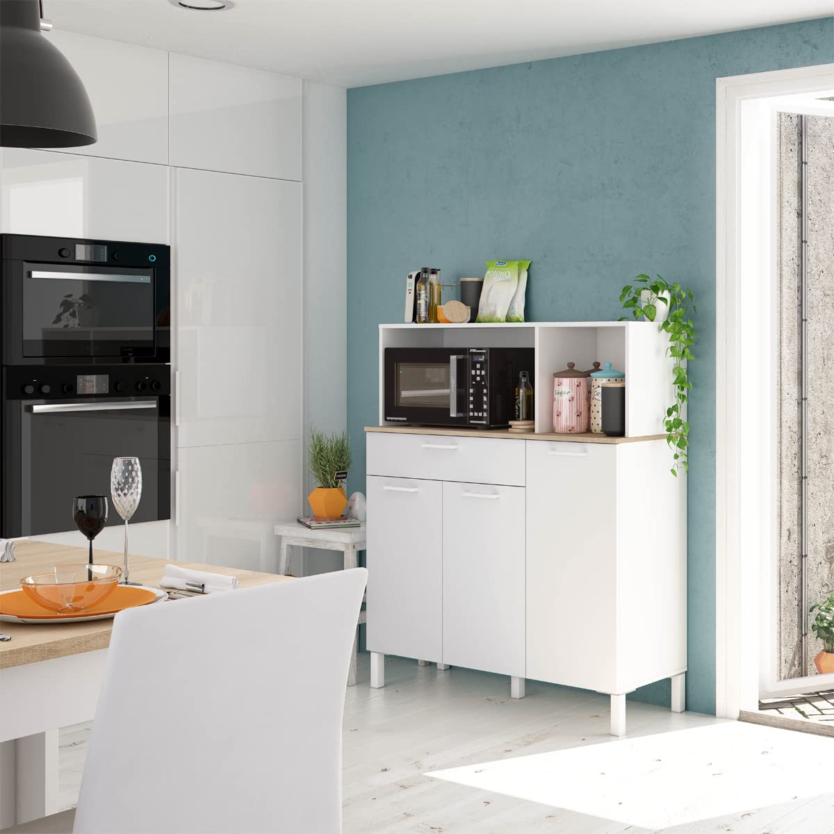 MarinelliGroup Mobile credenza cucina moderno BIANCO+ROVERE 3 ante cassetto 108 X 40 X 126 cm 0F9930A