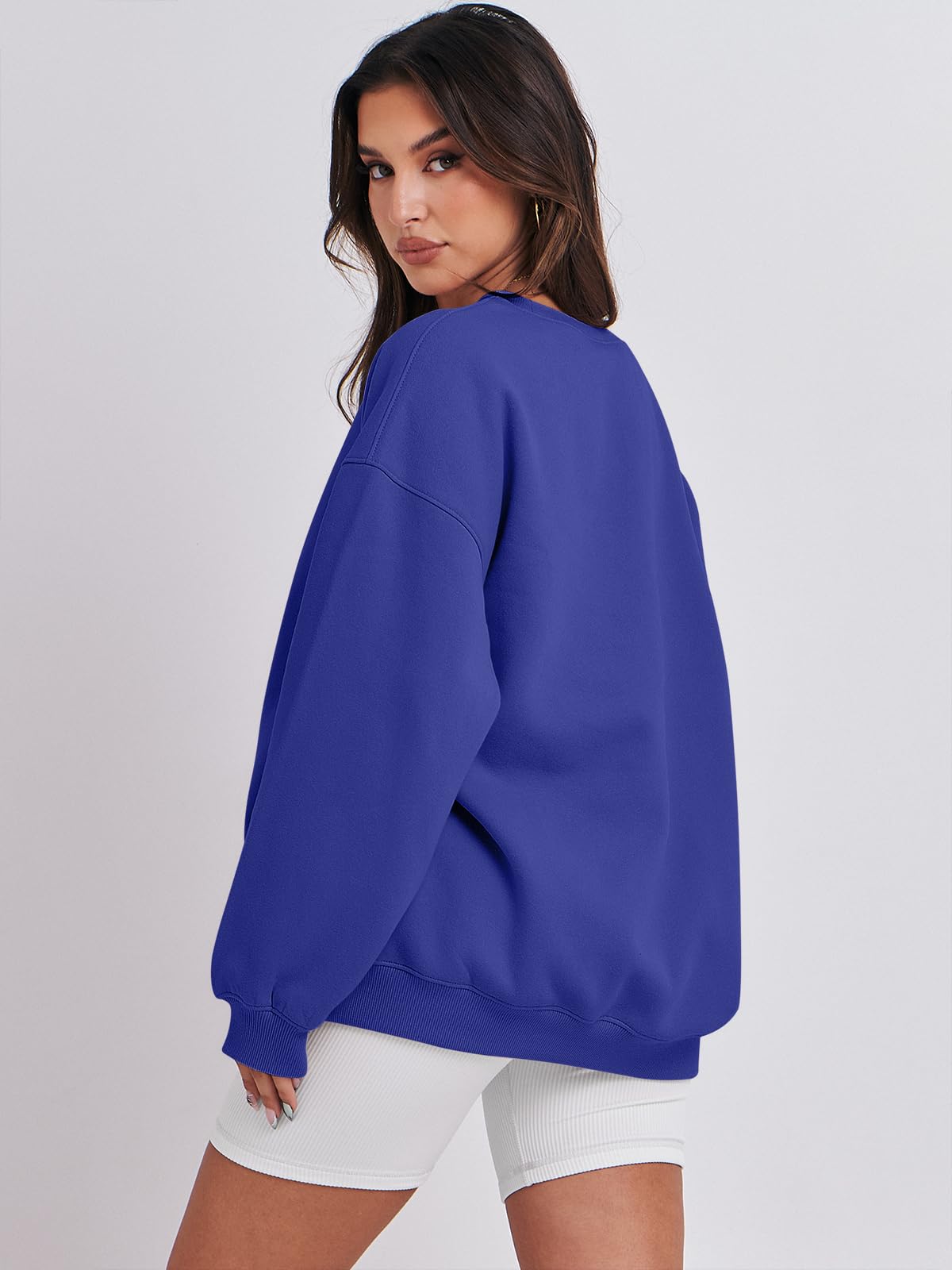 Damskie bluzy oversize bluzy z kapturem polar okrągły dekolt sweter top codzienne jesienne stroje preppy ubrania nastolatki 2024 A1019 światło, Jeden kolor, Royal Blue_L