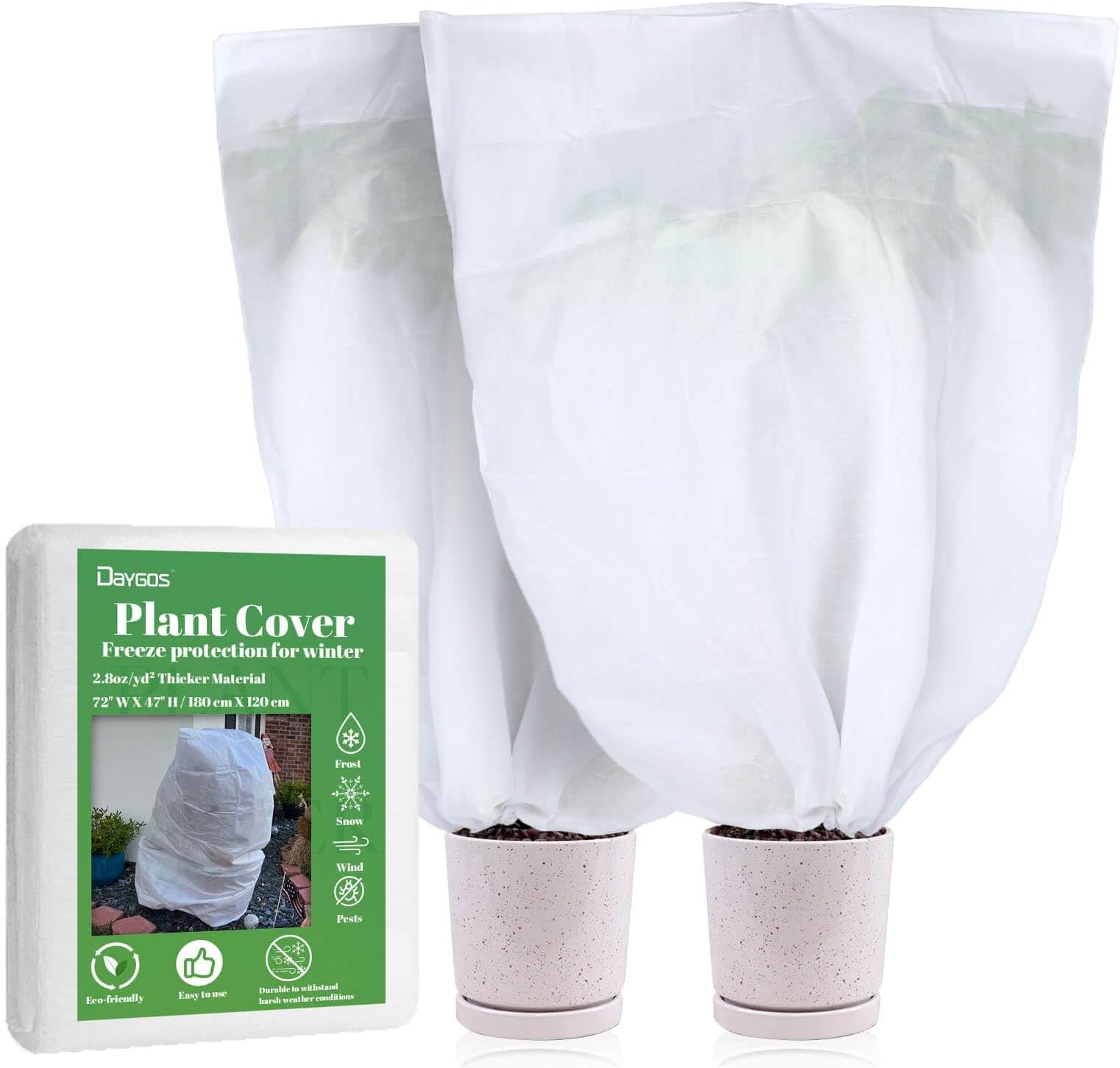 DAYGOS Plant Fleece Frost Protection Covers for Winter, 2Pcs 120cm x 180cm Large Plant Protectors from Frost, Garden Horticultural Fleece Bags Jacket with Zipper Drawstring (White)