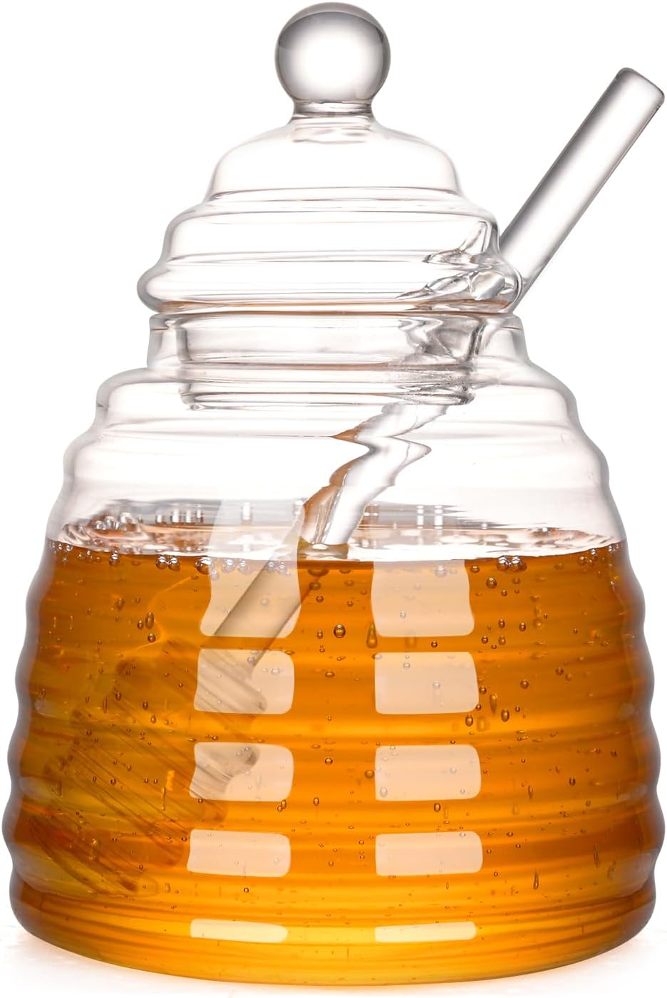 15.5 Oz Honey Pot with Dipper and Lid,Glass Honey Jar,Honey Dispenser,Clear Glass Honey Container for Home Kitchen,Store Honey and Syrup,Easy to Clean