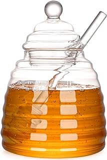 15.5 Oz Honey Pot with Dipper and Lid,Glass Honey Jar,Honey Dispenser,Clear Glass Honey Container for Home Kitchen,Store Honey and Syrup,Easy to Clean