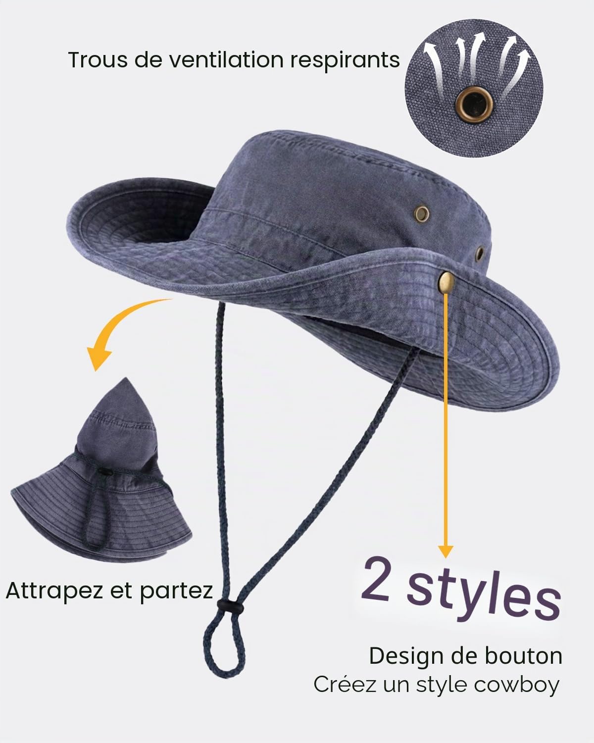 Zylioo Chapeau Safari Homme Grande Taille XL/XXL/3XL UPF50+ Coton Lavé à Large Bord pour Randonnée, Pêche, Escalade, Camping