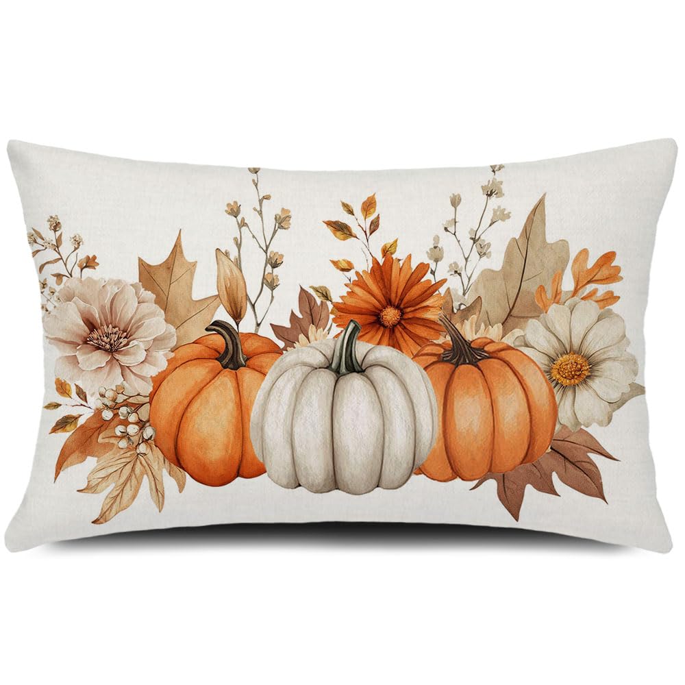 GTEXT Fall Pillow Cover 12x20 inch Pumpkins Autumn Leaves Throw Pillow Cushion Case Thanksgiving Decor Outdoor Decorative Recotangle Linen Farmhouse