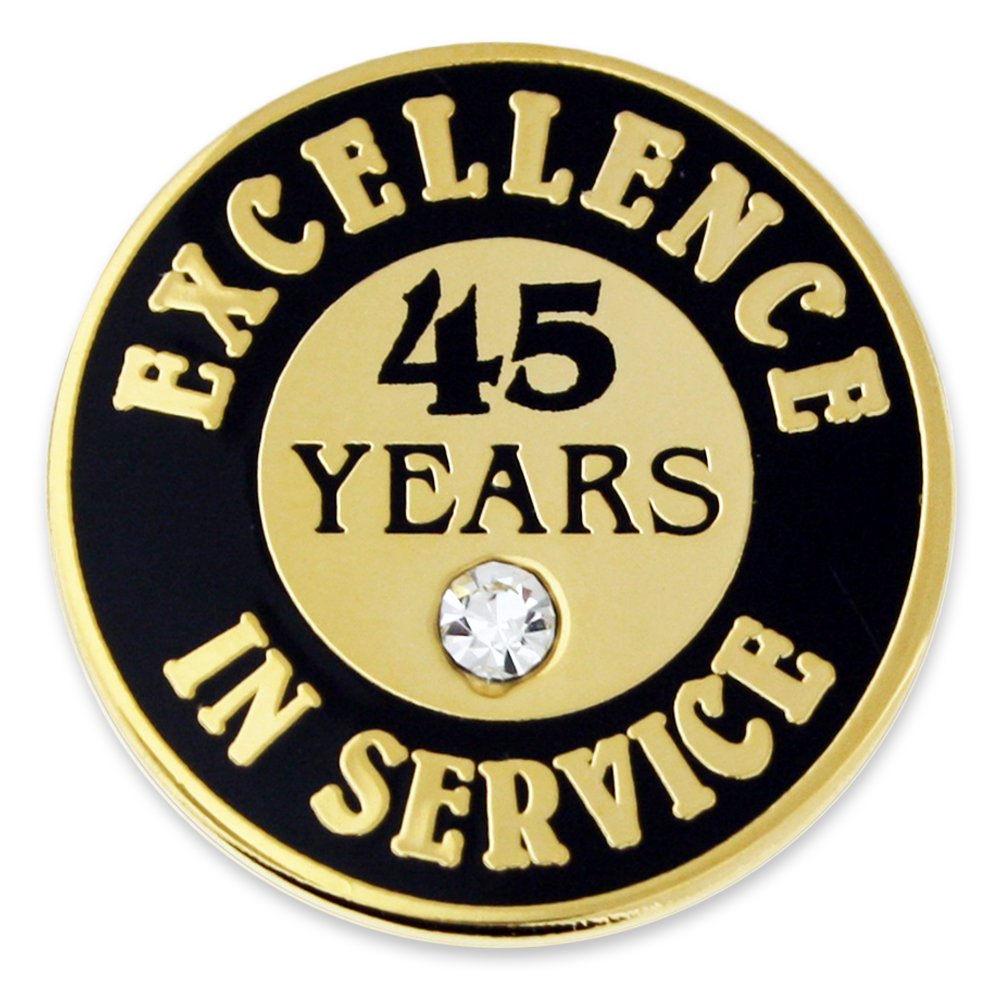 PinMart Gold Color Plated Excellence in Service Year Award Lapel Pin – Metal Enamel Workplace Reward Pin w/Rhinestone – 1-60 Years Pins for Long Standing Employees