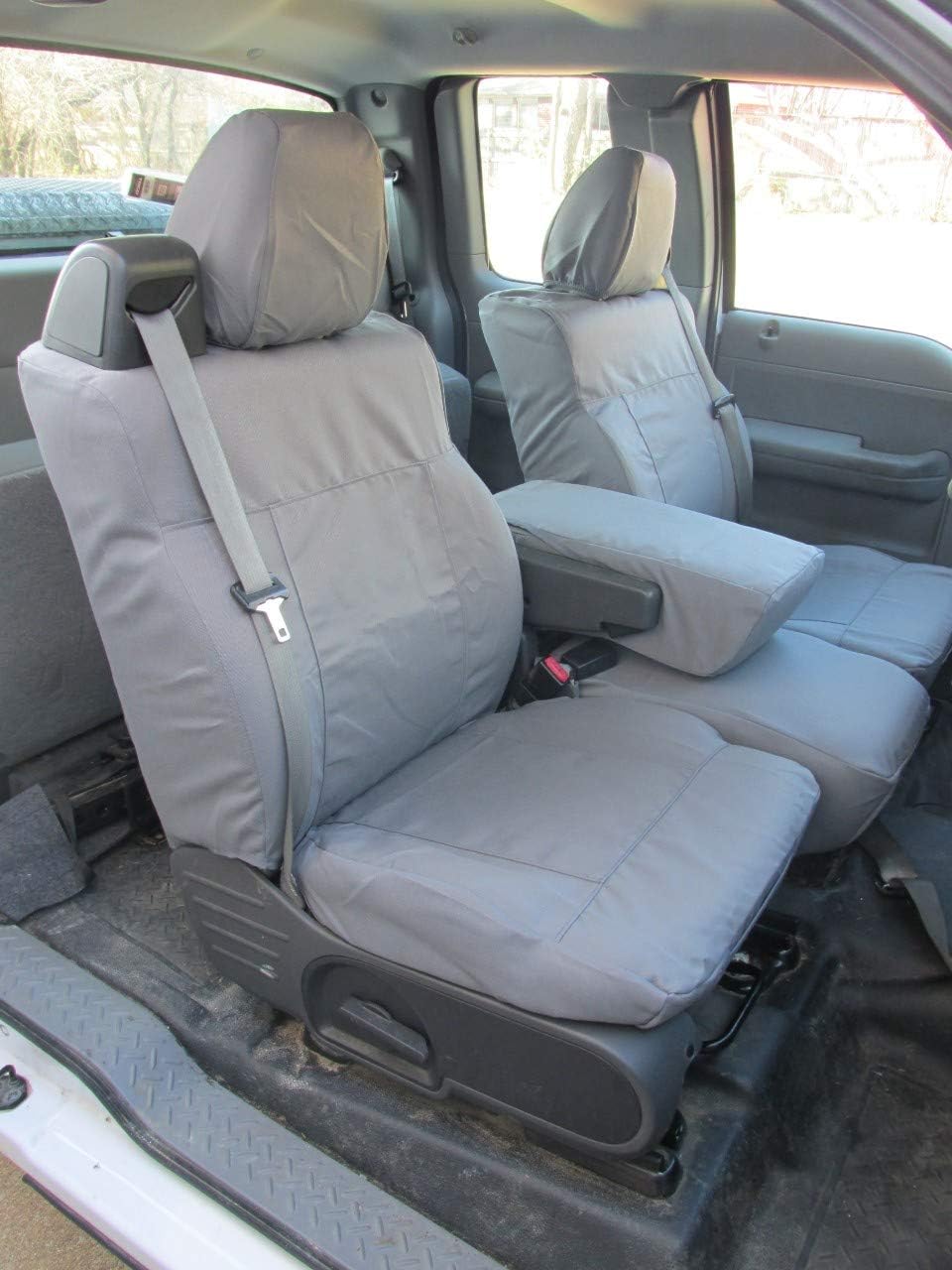 Durafit Seat Covers Made to fit 2004-2008 Ford F150 XL or Standard Cab, Front 40/20/40 Split Bench with Integrated Seatbelts and Solid Center Armrest Seat Covers in Durable Gray Twill