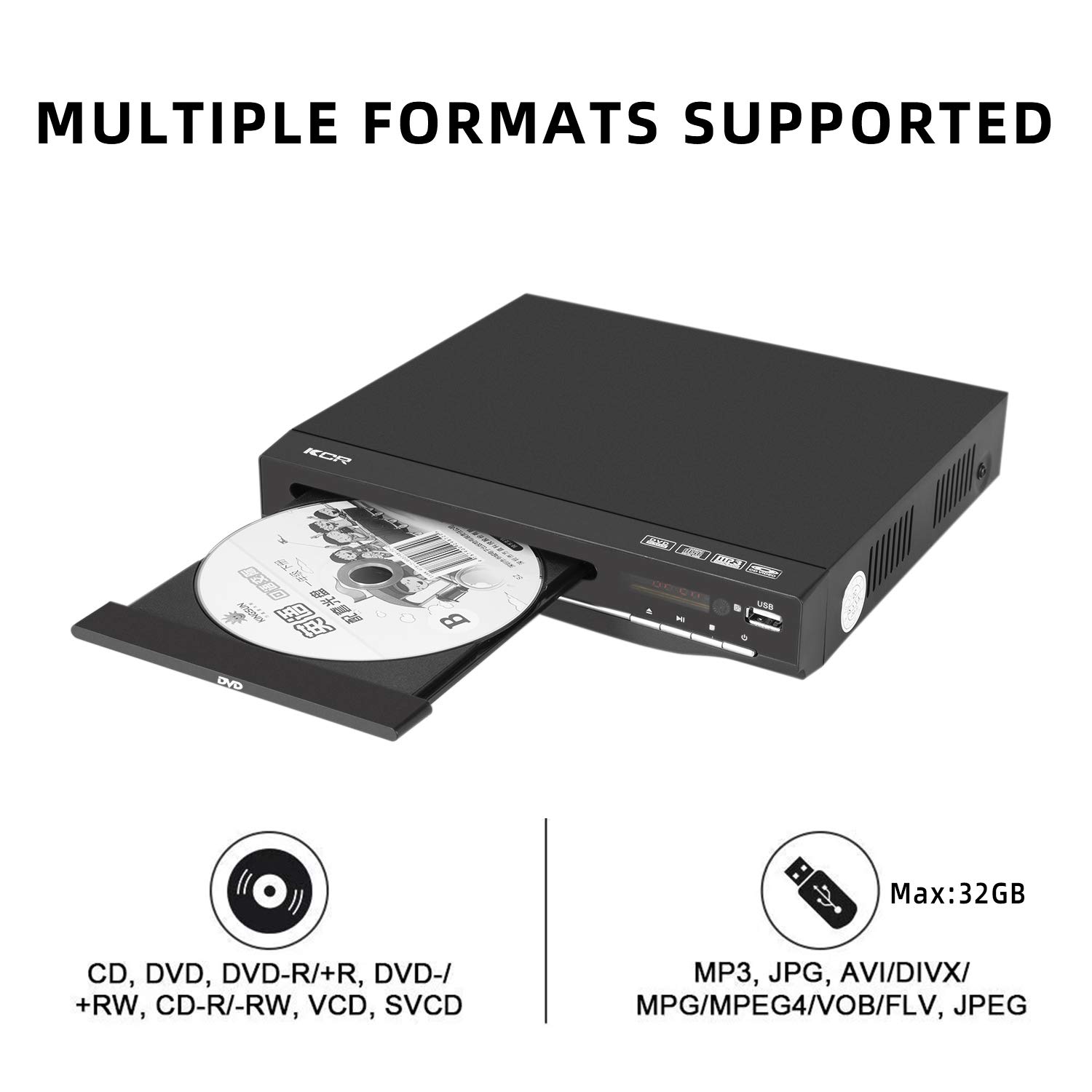 KCR Lettore DVD Per Tv, compatibile con lettore CD/DVD / MP3 con telecomando, porta USB Supporto Uscita HDMI (disco blueray non supportato) Nero (225)