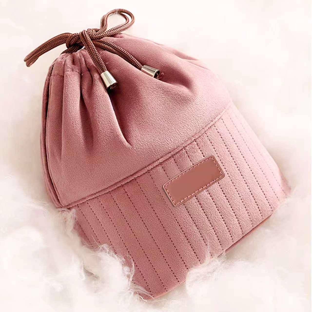 Large Velvet Drawstring Makeup Bag - Round Circle Bottom Cosmetic Pouch for Travel, Make Up Case Spacious Toiletry Organizer for Women and Girls, Pink image 4