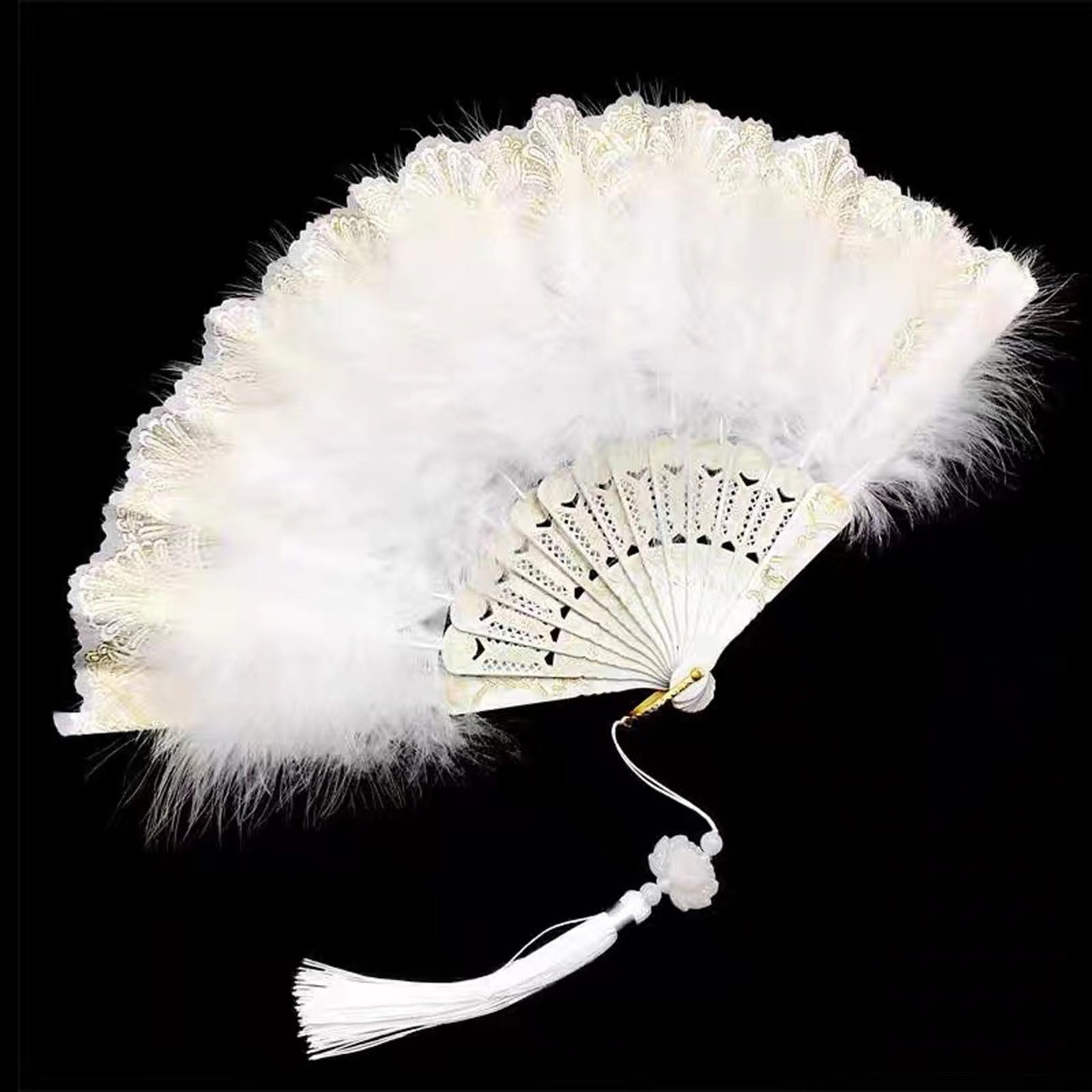 NIIIYTYB Feather Fan White Foldable Handheld Flapper Fan with Feathers 1920s Vintage Embroidered Flower Folding Fan for Women Costume Party Wedding Dancing Decoration Chinese Hand Fan