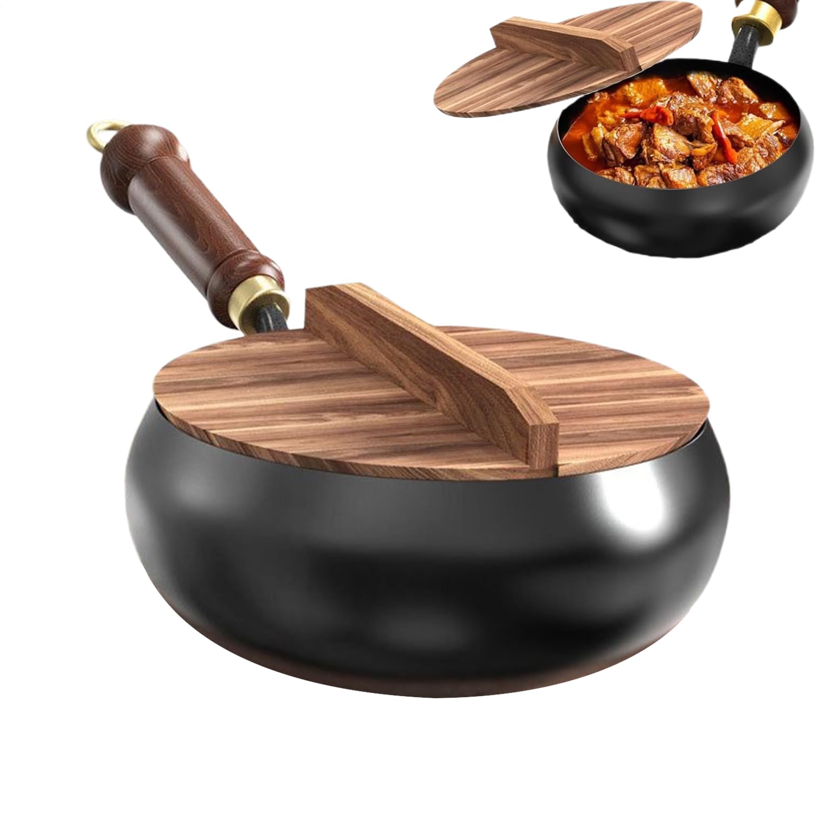 Wok en fonte à fond plat avec couvercle en bois pour cuisine maison