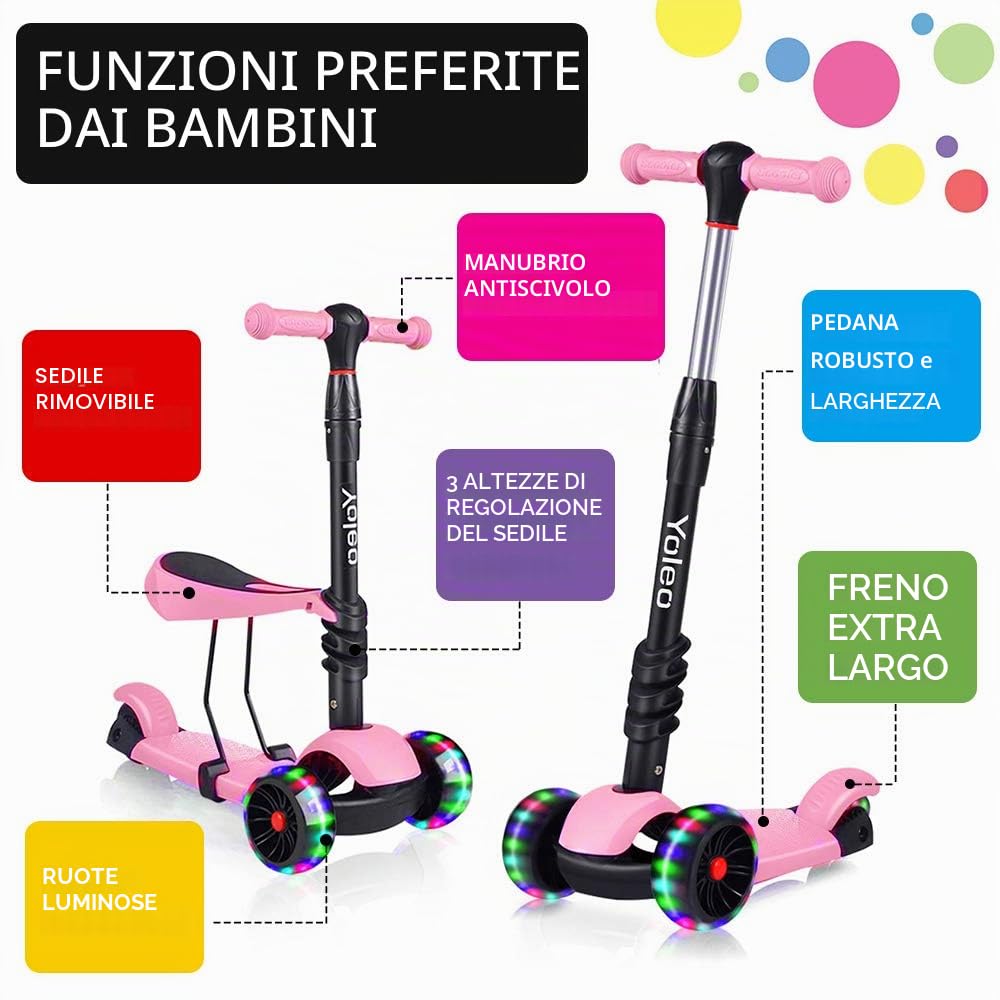 YOLEO Monopattino per Bambini 3-in-1, Monopattino 3 Ruote Lampeggianti in LED, Kids Scooter, Con Sedile Estraibile/Monopattino Bambini 2 a 8 Anni, Carico Massimo 50 Kg, Regalo per Bambini